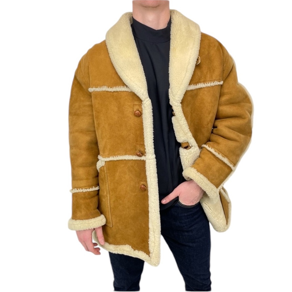 ❣️HP❣️Authentic Shearling Leather Coat Chestnut Brown and Ivory L/XL - Picture 3 of 16